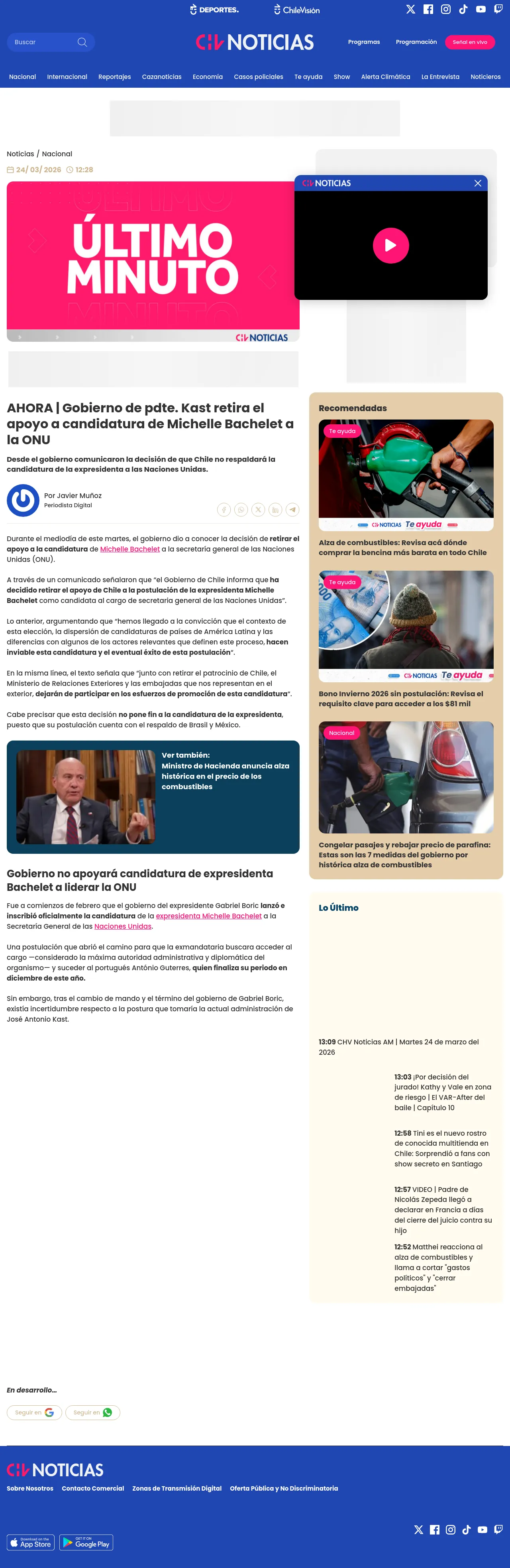 Gobierno de pdte. Kast retiró el apoyo a candidatura de Michelle Bachelet a la ONU: Estas son las razones