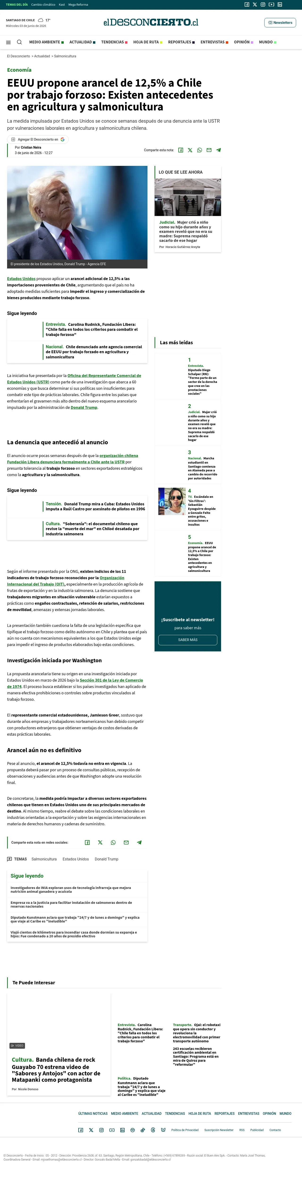 EEUU propone arancel de 12,5% a Chile por trabajo forzoso: Existen antecedentes en agricultura y salmonicultura