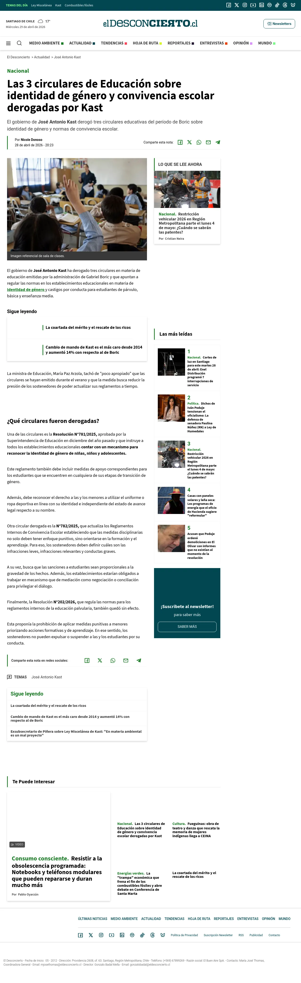 Las 3 circulares de Educación sobre identidad de género y convivencia escolar derogadas por Kast