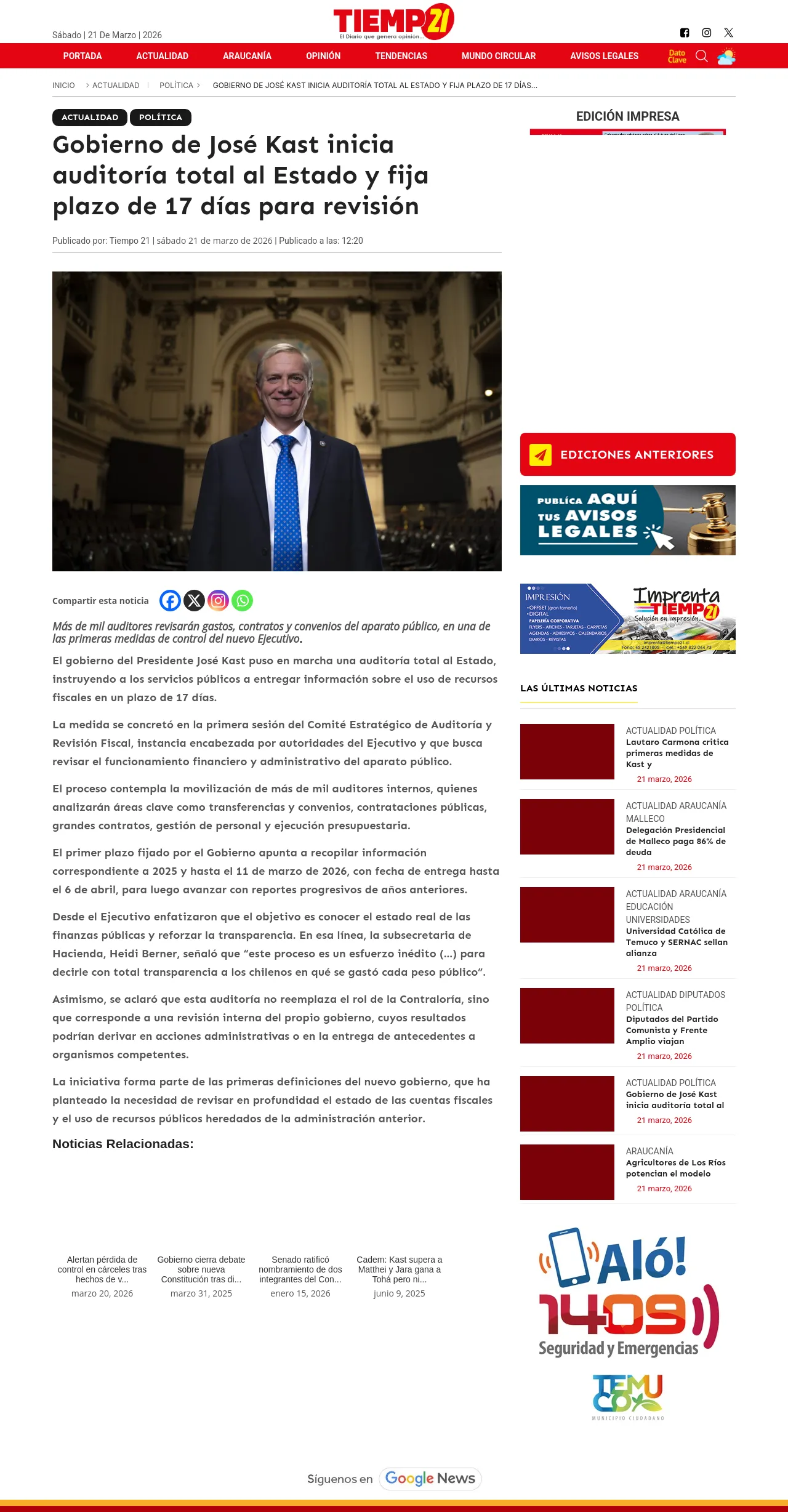 Gobierno de José Kast inicia auditoría total al Estado y fija plazo de 17 días para revisión