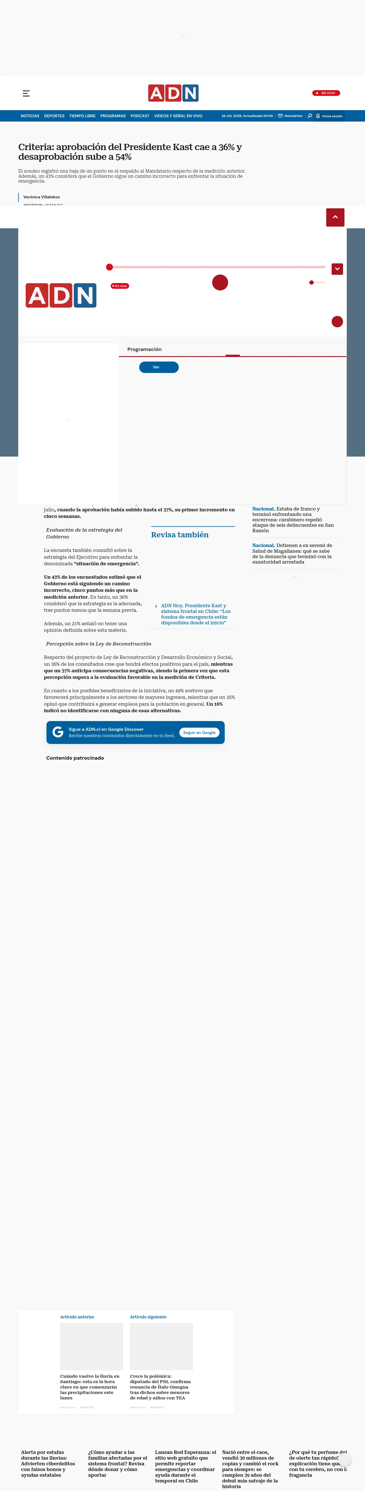 Criteria: aprobación del Presidente Kast cae a 36% y desaprobación sube a 54%