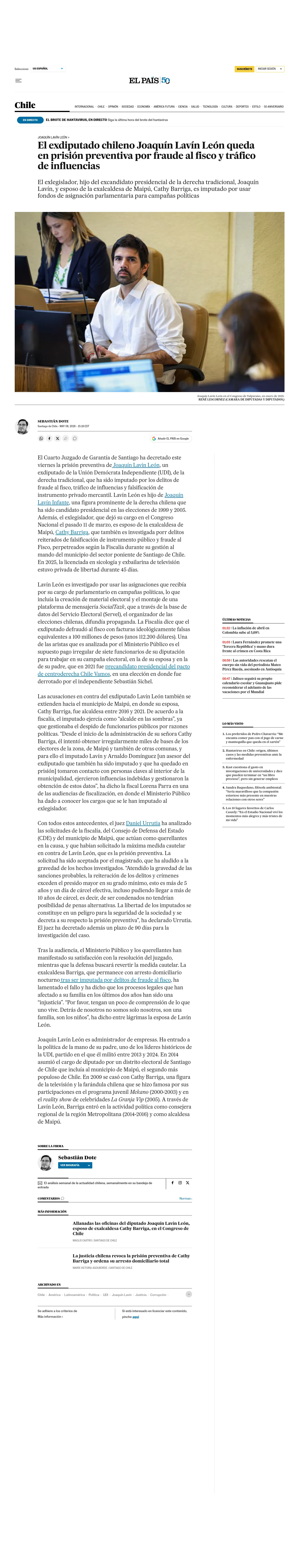 El exdiputado chileno Joaquín Lavín León queda en prisión preventiva por fraude al fisco y tráfico de influencias