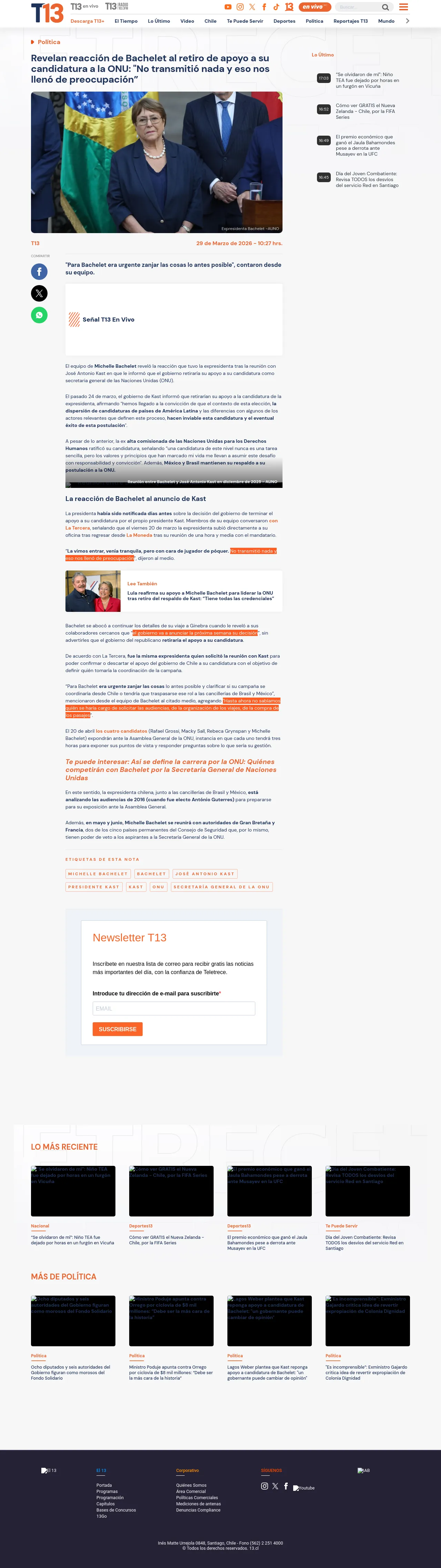 Revelan reacción de Bachelet al retiro de apoyo a su candidatura a la ONU: "No transmitió nada y eso nos llenó de preocupación”