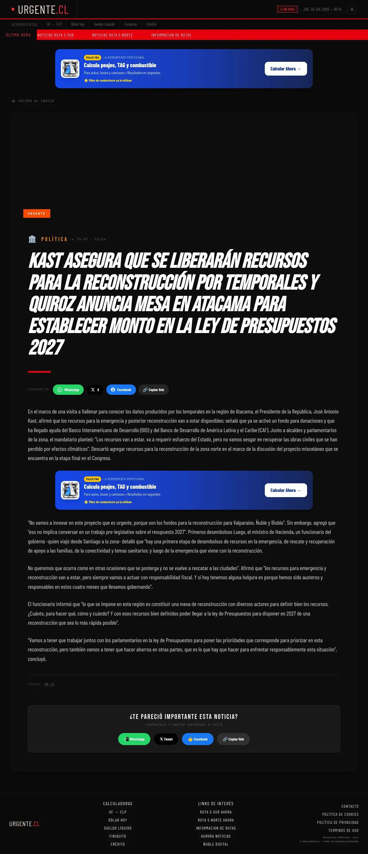 Kast asegura que se liberarán recursos para la reconstrucción por temporales y Quiroz anuncia mesa en Atacama para establecer monto en la Ley de Presupuestos 2027