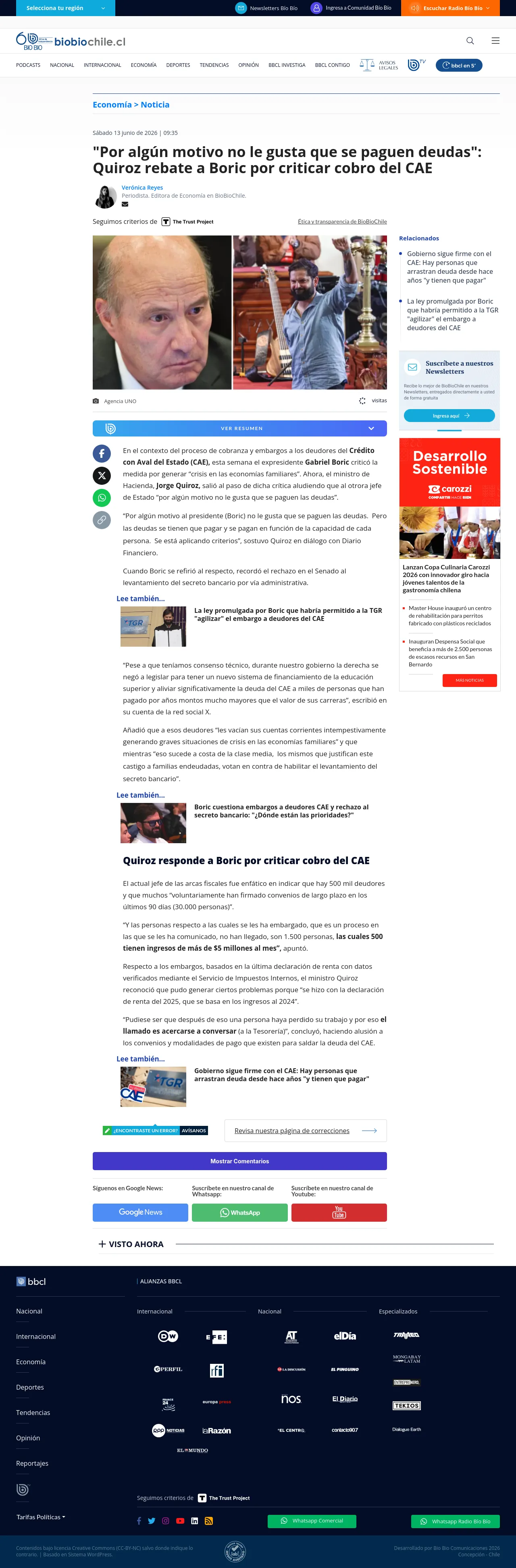 "Por algún motivo no le gusta que se paguen deudas": Quiroz rebate a Boric por criticar cobro del CAE