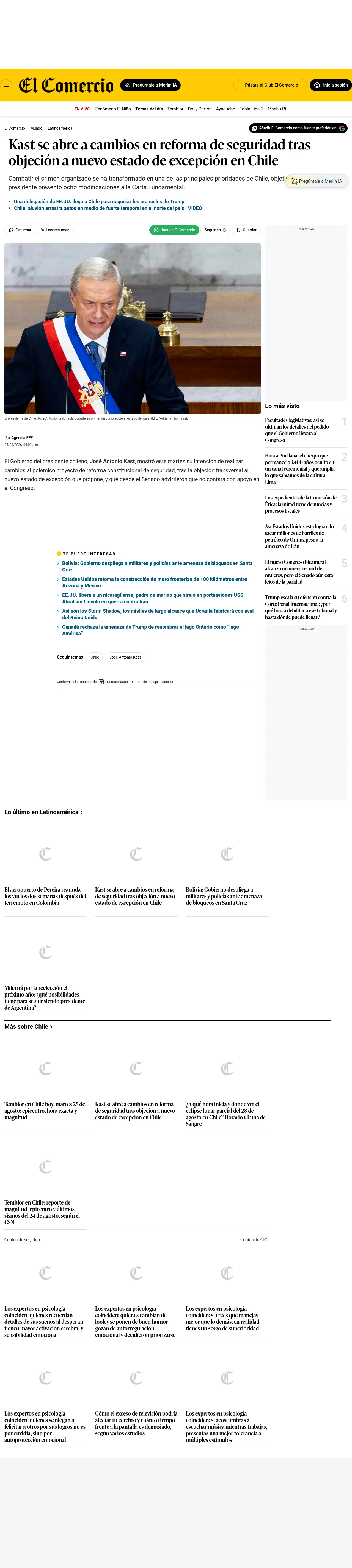 Kast se abre a cambios en reforma de seguridad tras objeción a nuevo estado de excepción en Chile