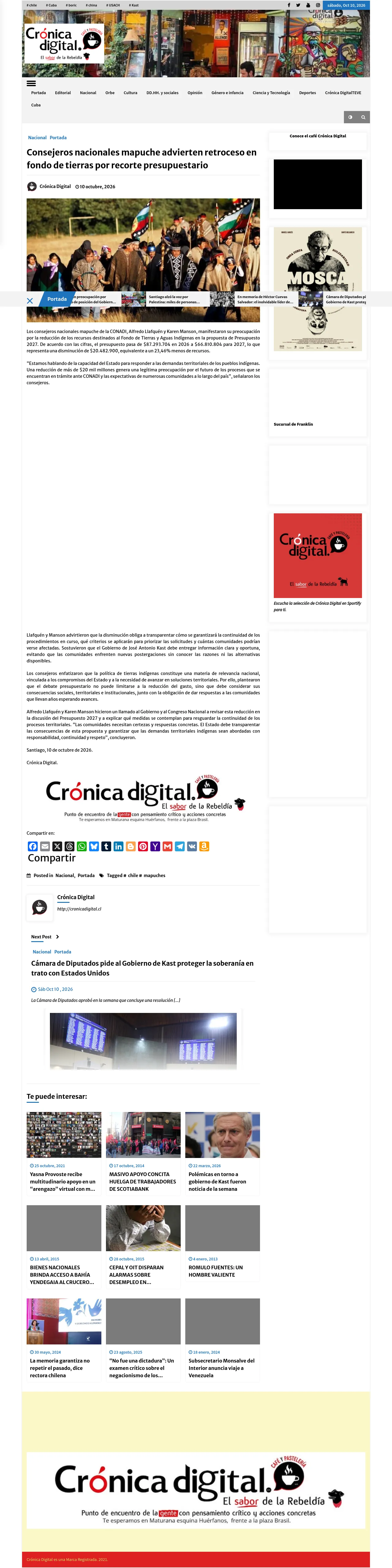 [Consejeros nacionales mapuche advierten retroceso en fondo de tierras por recorte presupuestario](https://cronicadigital.cl/consejeros-nacionales-mapuche-advierten-grave-retroceso-en-fondo-de-tierras-por-recorte-presupuestario/)