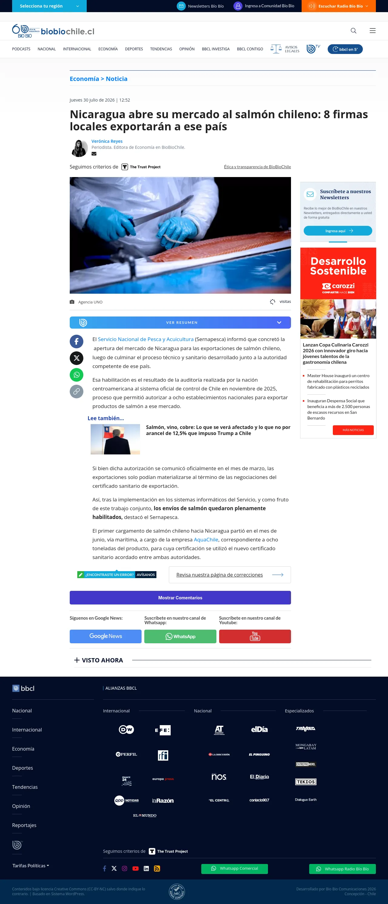 Nicaragua abre su mercado al salmón chileno: 8 firmas locales exportarán a ese país