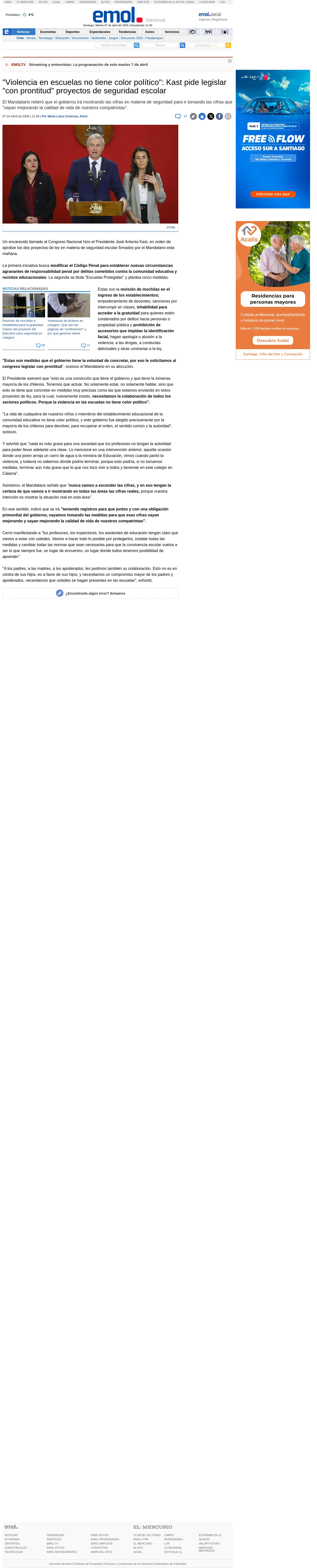 "Violencia en escuelas no tiene color político": Kast pide legislar "con prontitud" proyectos de seguridad escolar