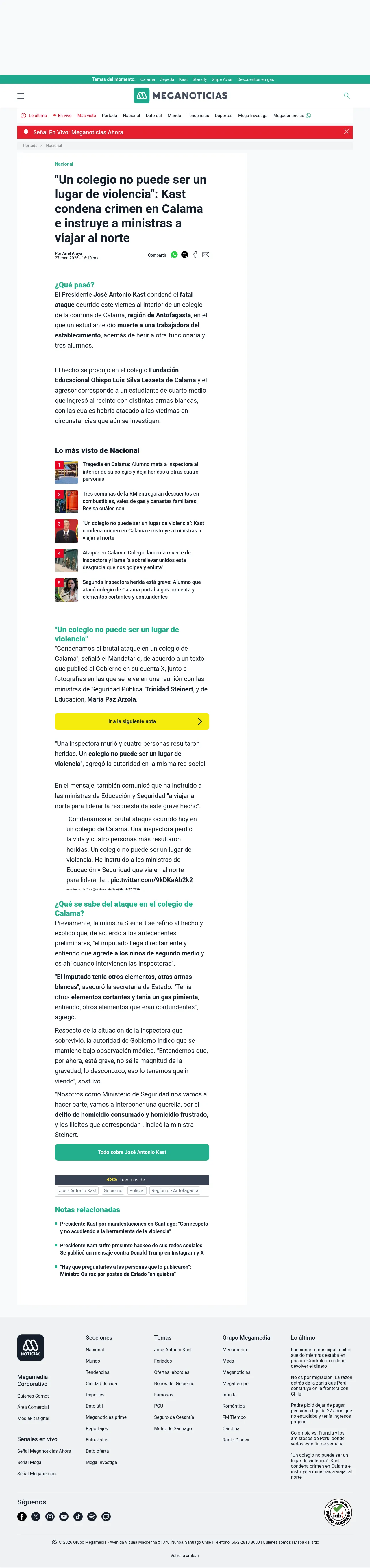 "Un colegio no puede ser un lugar de violencia": Kast condena crimen en Calama e instruye a ministras a viajar al norte