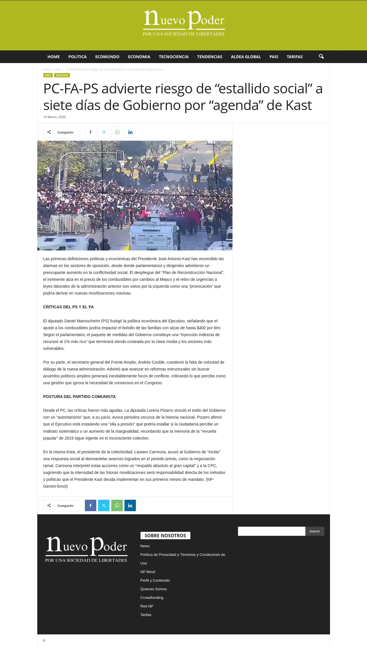 PC-FA-PS advierte riesgo de “estallido social” a siete días de Gobierno por “agenda” de Kast