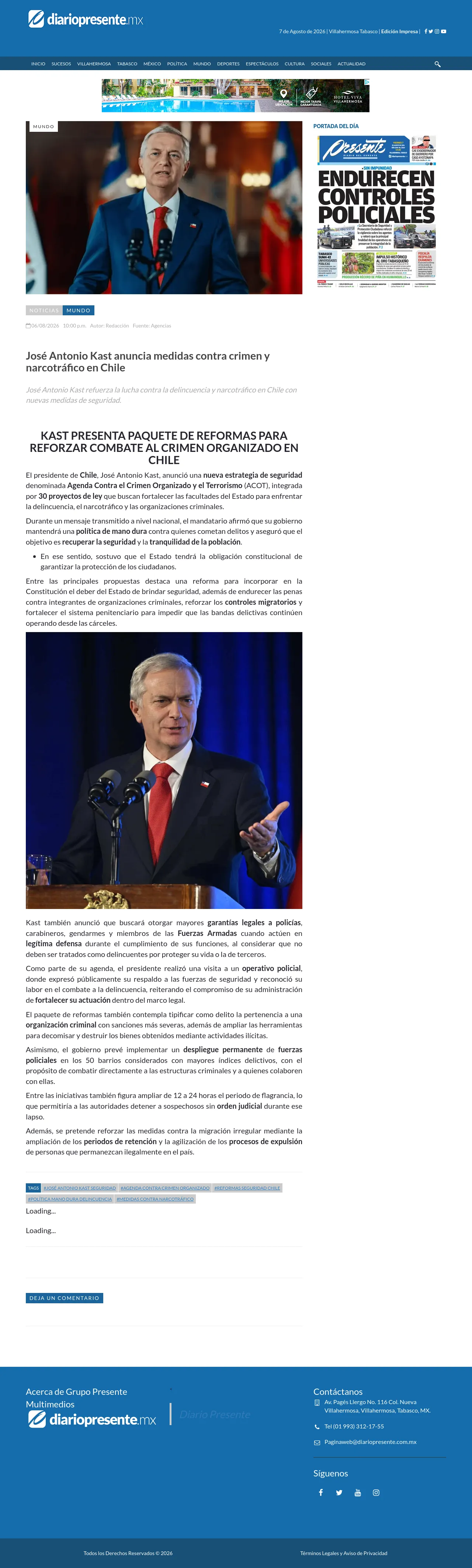 José Antonio Kast anuncia medidas contra crimen y narcotráfico en Chile