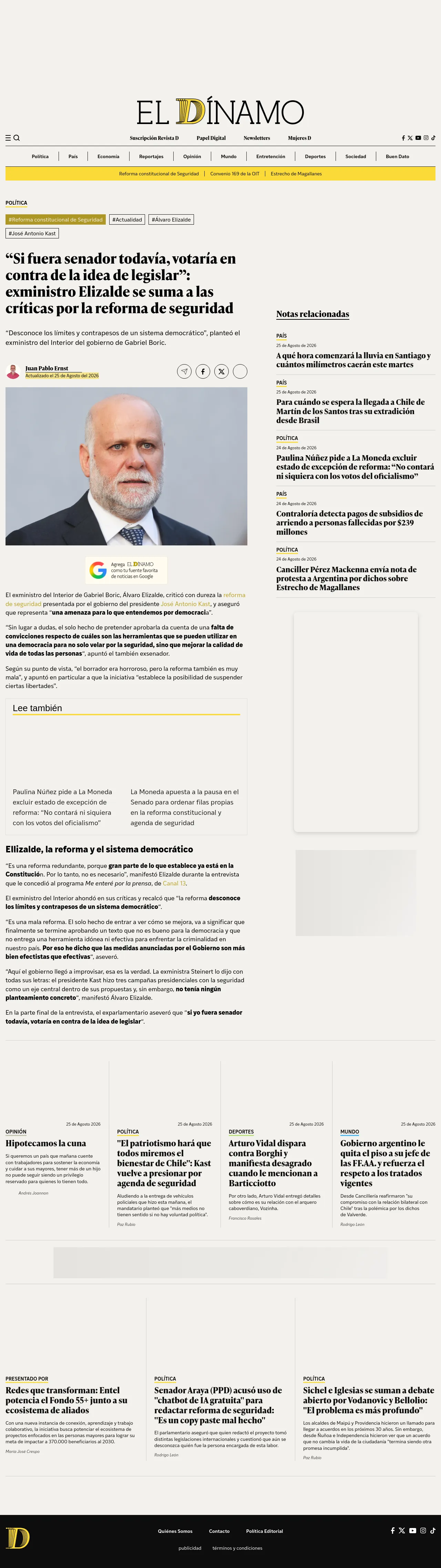 “Si fuera senador todavía, votaría en contra de la idea de legislar”: exministro Elizalde se suma a las críticas por la reforma de seguridad