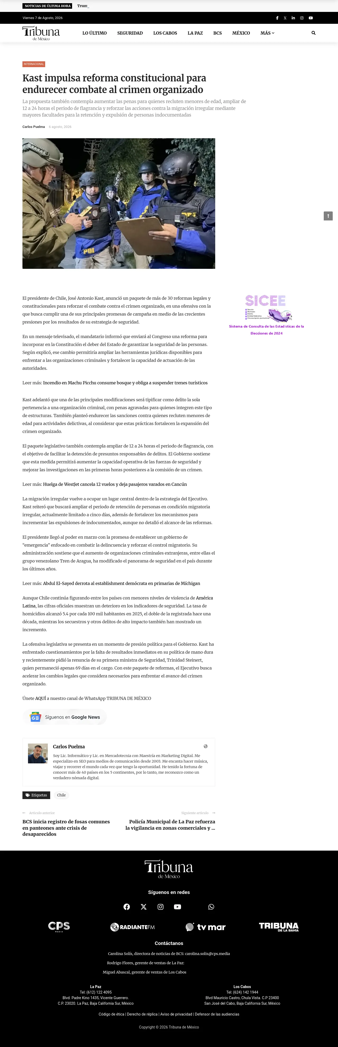 Kast impulsa reforma constitucional para endurecer combate al crimen organizado