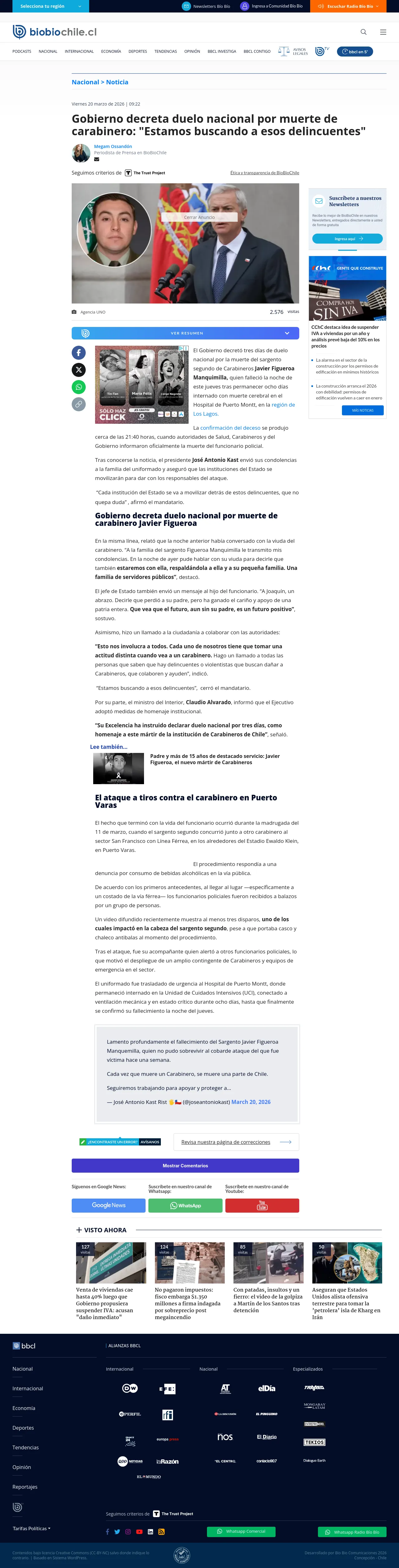 Gobierno decreta duelo nacional por muerte de carabinero: "Estamos buscando a esos delincuentes"