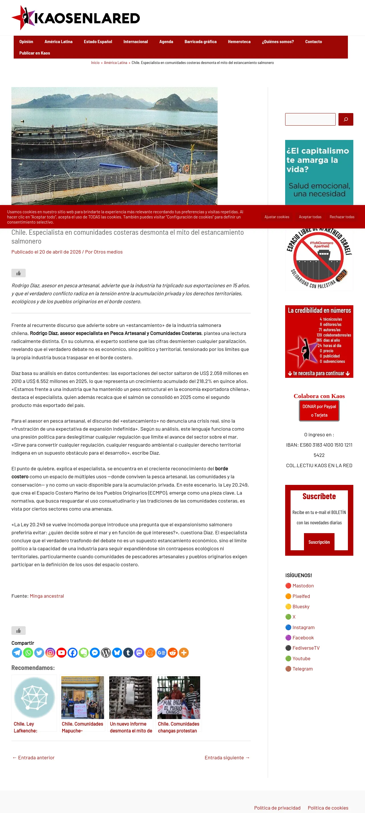 Chile. Especialista en comunidades costeras desmonta el mito del estancamiento salmonero