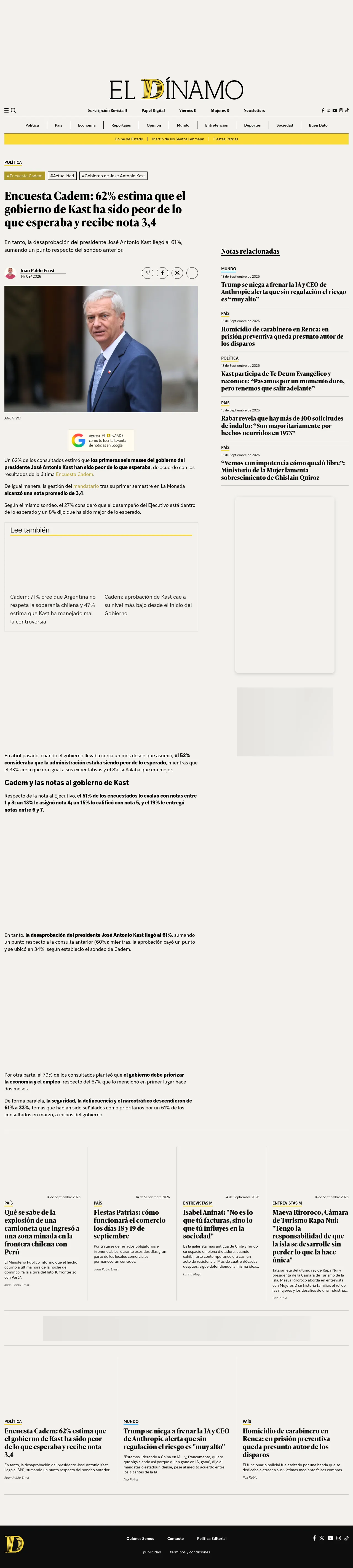 Encuesta Cadem: 62% estima que el gobierno de Kast ha sido peor de lo que esperaba y recibe nota 3,4