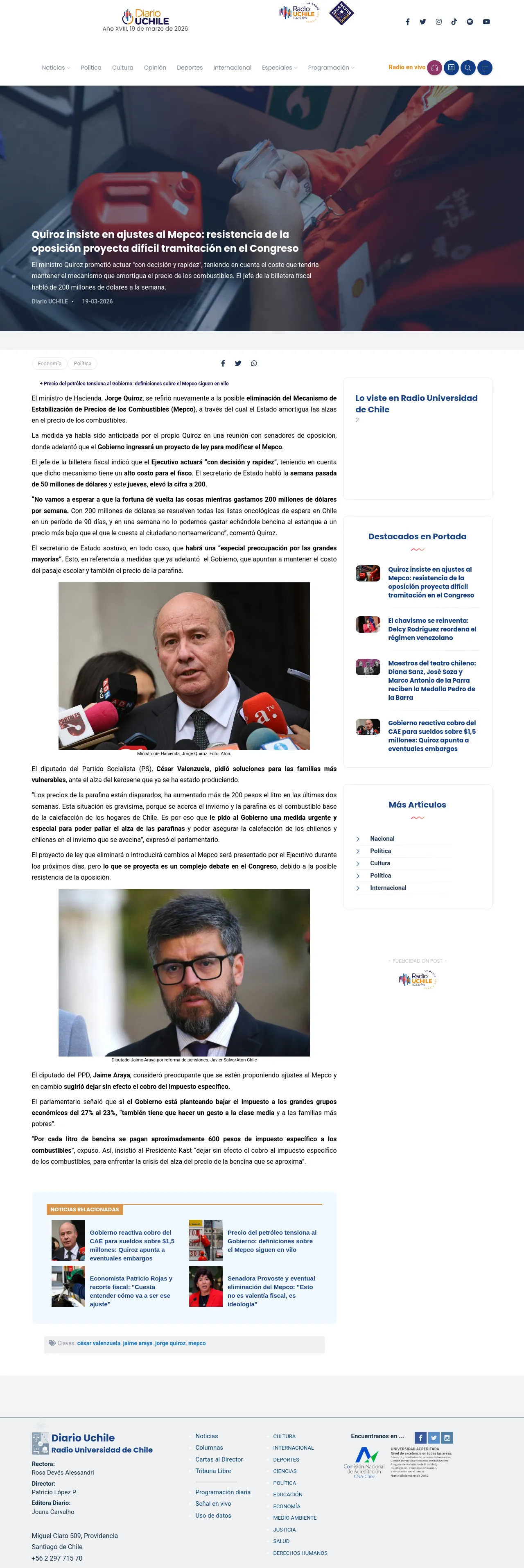 Quiroz insiste en ajustes al Mepco: resistencia de la oposición proyecta difícil tramitación en el Congreso « Diario y Radio Universidad Chile