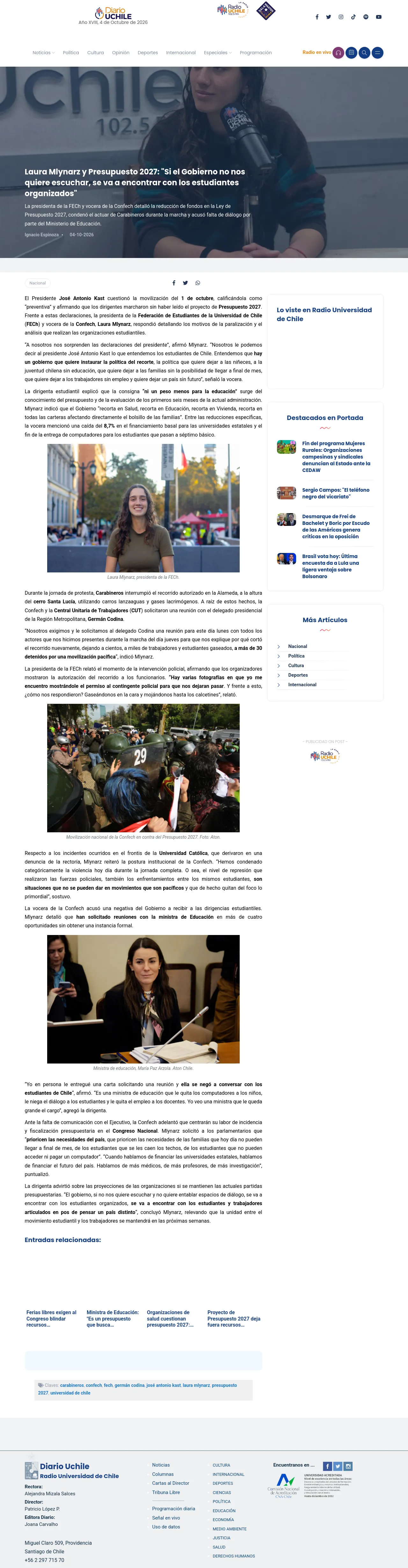 [![Diario y Radio Universidad Chile](https://radio.uchile.cl/wp-content/themes/duch-2026/assets/i/diario24_h.png) Año XVIII, 4 de Octubre de 2026<br>](https://radio.uchile.cl)