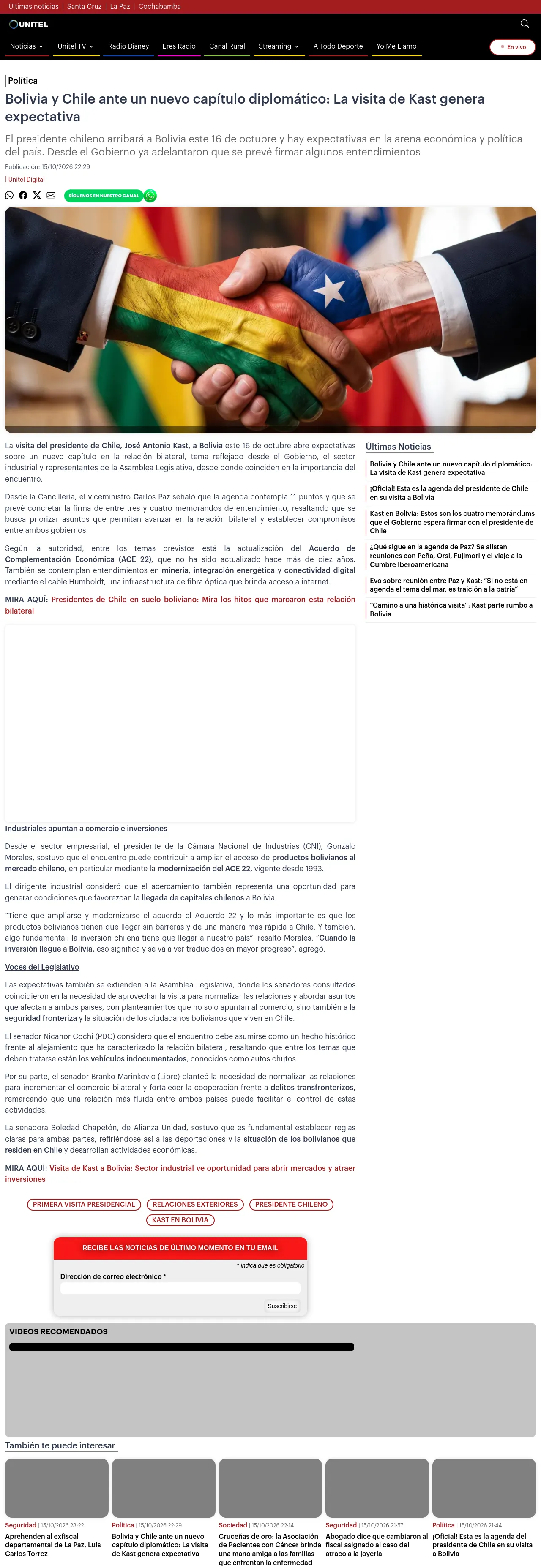 Bolivia y Chile ante un nuevo capítulo diplomático: La visita de Kast genera expectativa