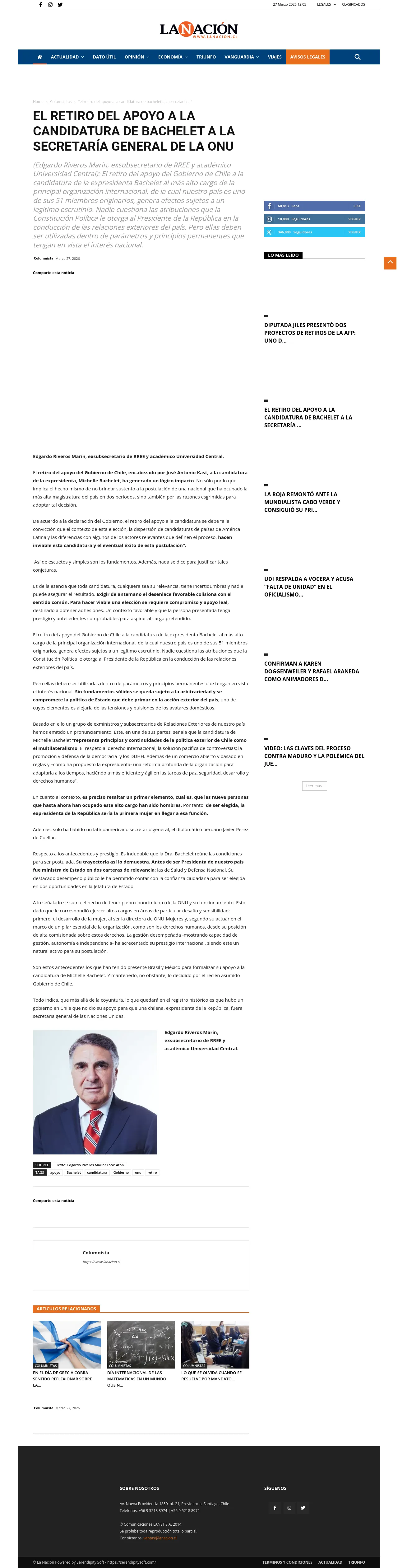 El retiro del apoyo a la candidatura de Bachelet a la Secretaría General de la ONU