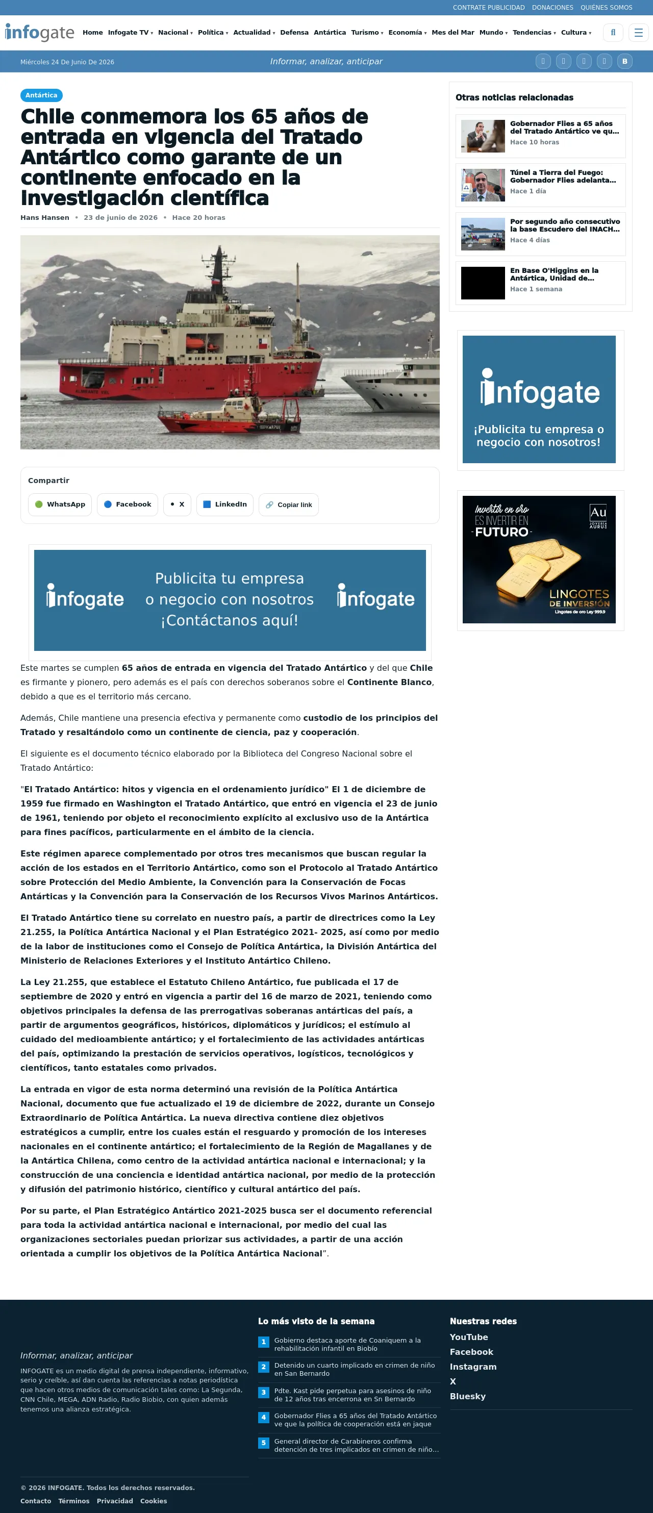 Chile conmemora los 65 años de entrada en vigencia del Tratado Antártico como garante de un continente enfocado en la investigación científica