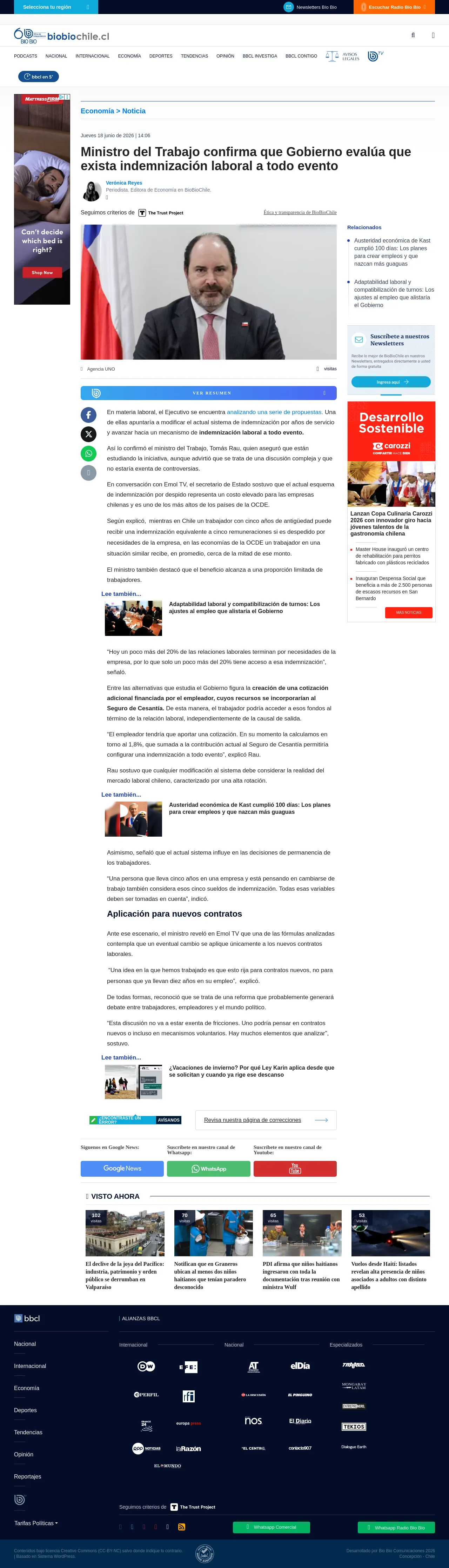 Ministro del Trabajo confirma que Gobierno evalúa que exista indemnización laboral a todo evento