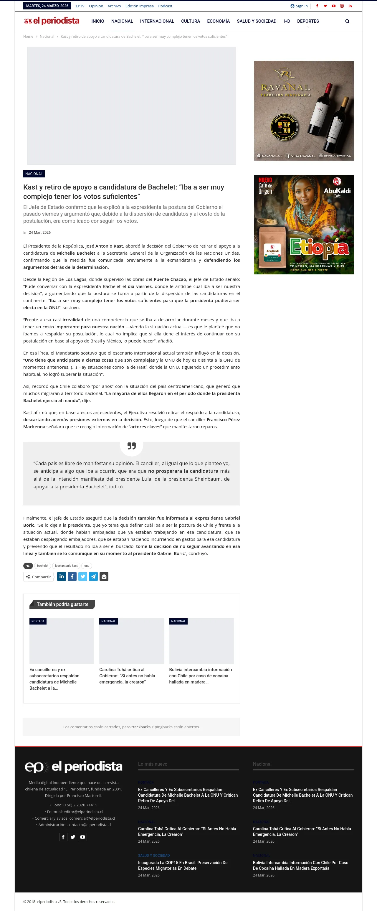 Kast y retiro de apoyo a candidatura de Bachelet: “Iba a ser muy complejo tener los votos suficientes”