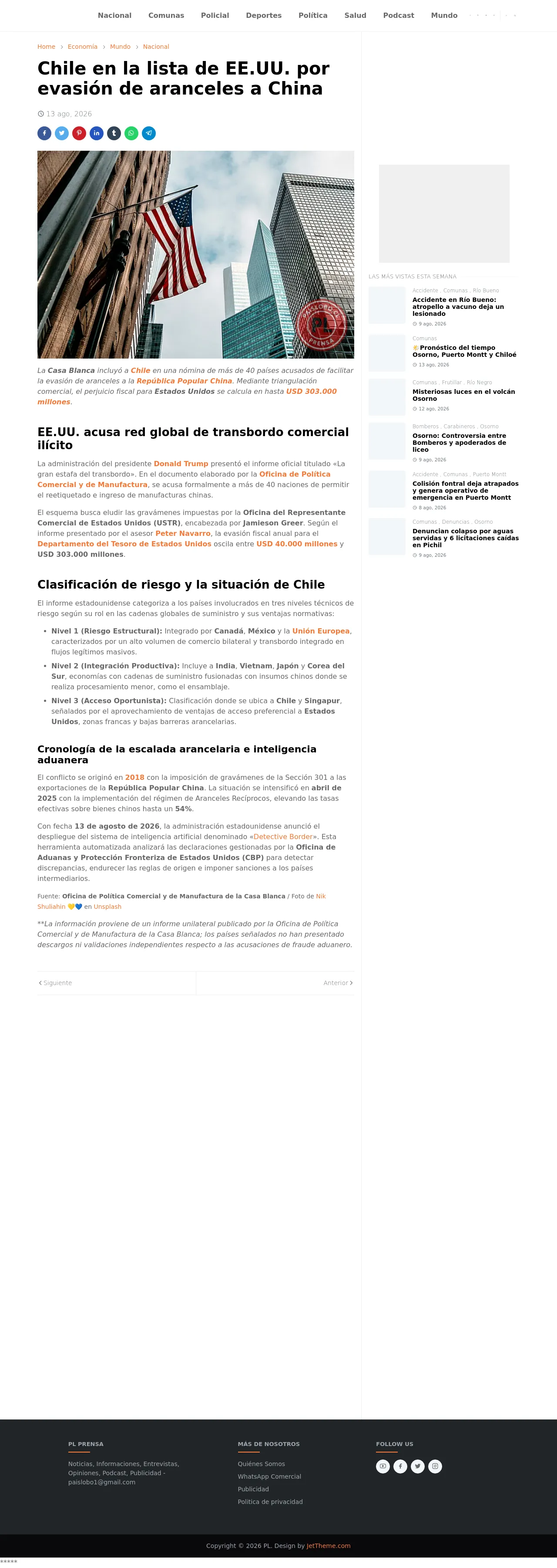 Chile en la lista de EE.UU. por evasión de aranceles a China