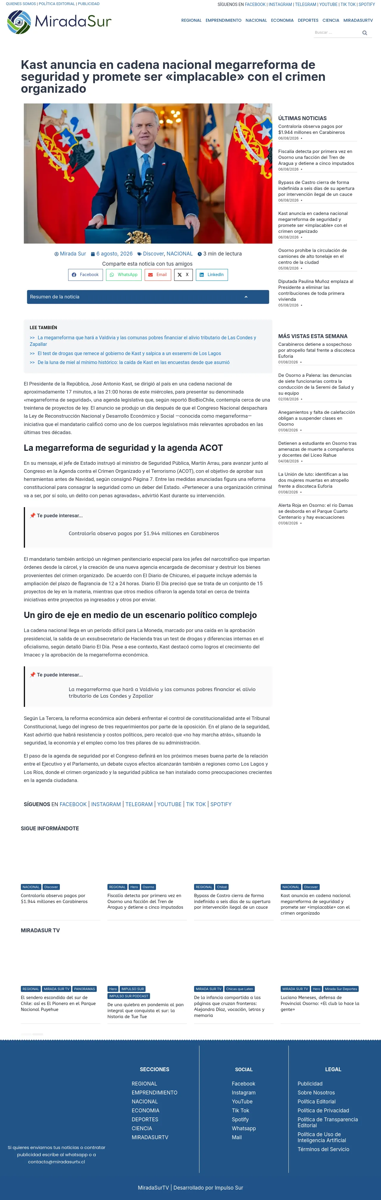Kast anuncia en cadena nacional megarreforma de seguridad y promete ser «implacable» con el crimen organizado