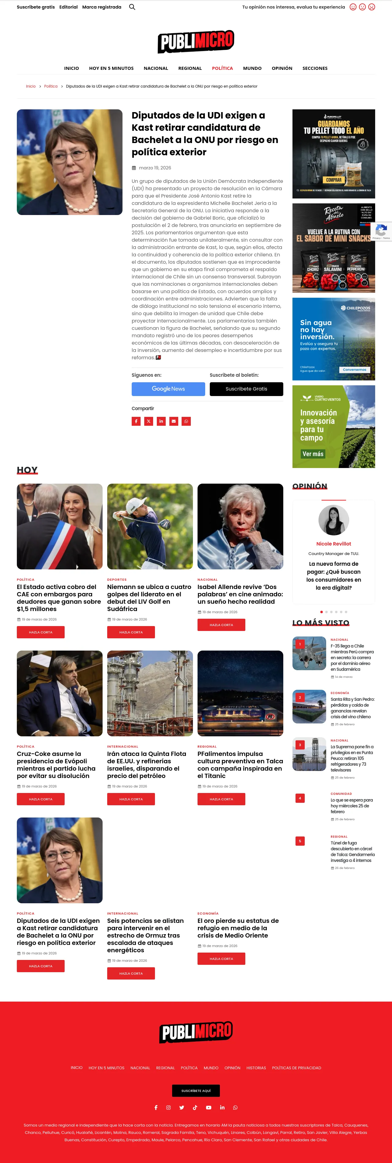 Diputados de la UDI exigen a Kast retirar candidatura de Bachelet a la ONU por riesgo en política exterior