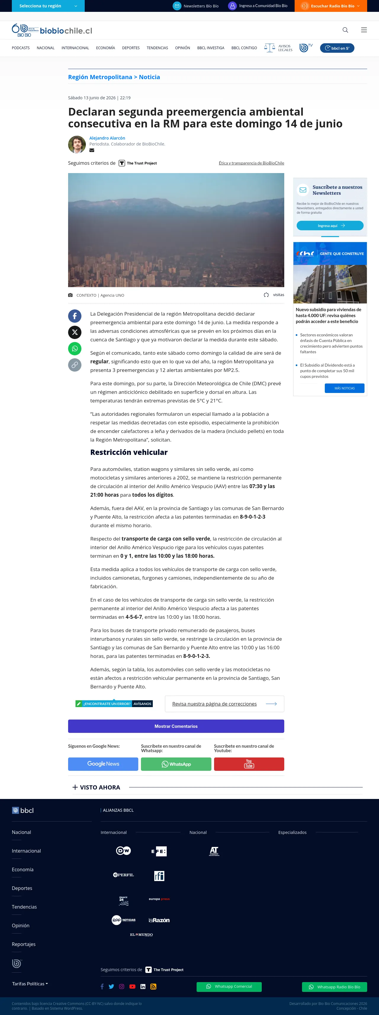 Declaran segunda preemergencia ambiental consecutiva en la RM para este domingo 14 de junio