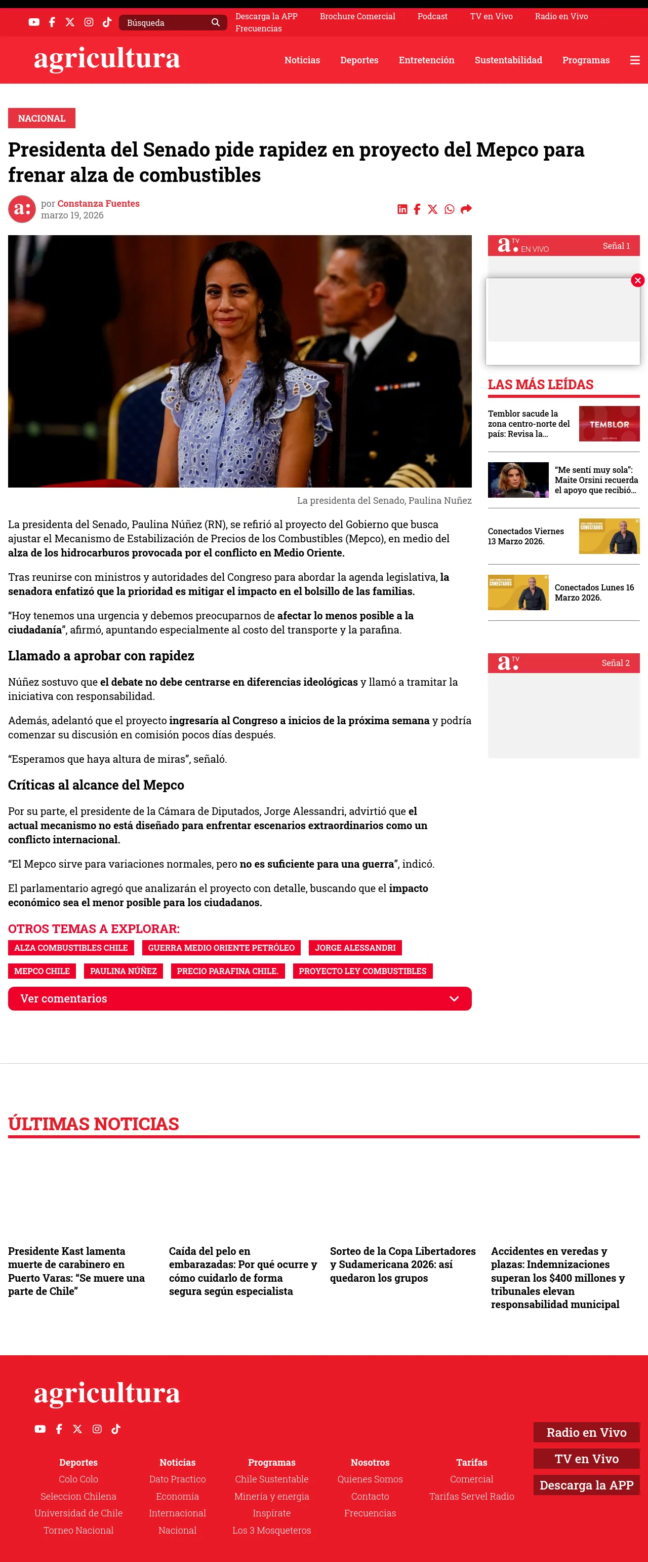 Presidenta del Senado pide rapidez en proyecto del Mepco para frenar alza de combustibles