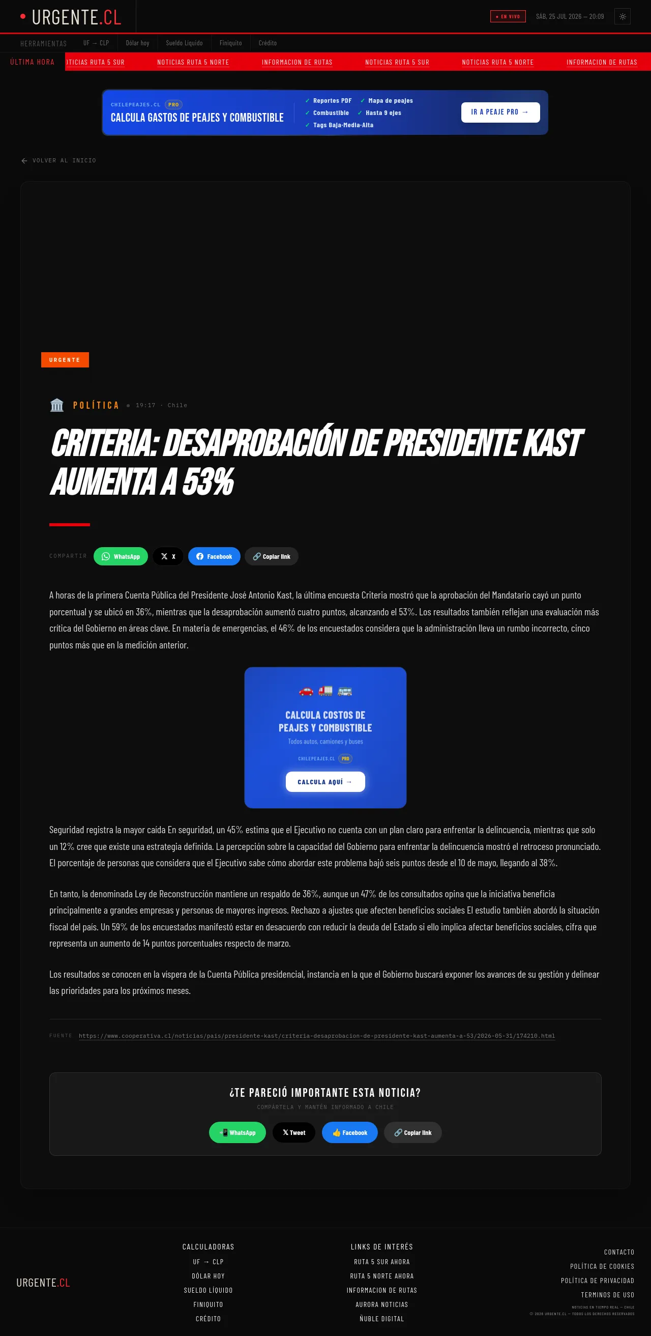 Criteria: Desaprobación de Presidente Kast aumenta a 53%