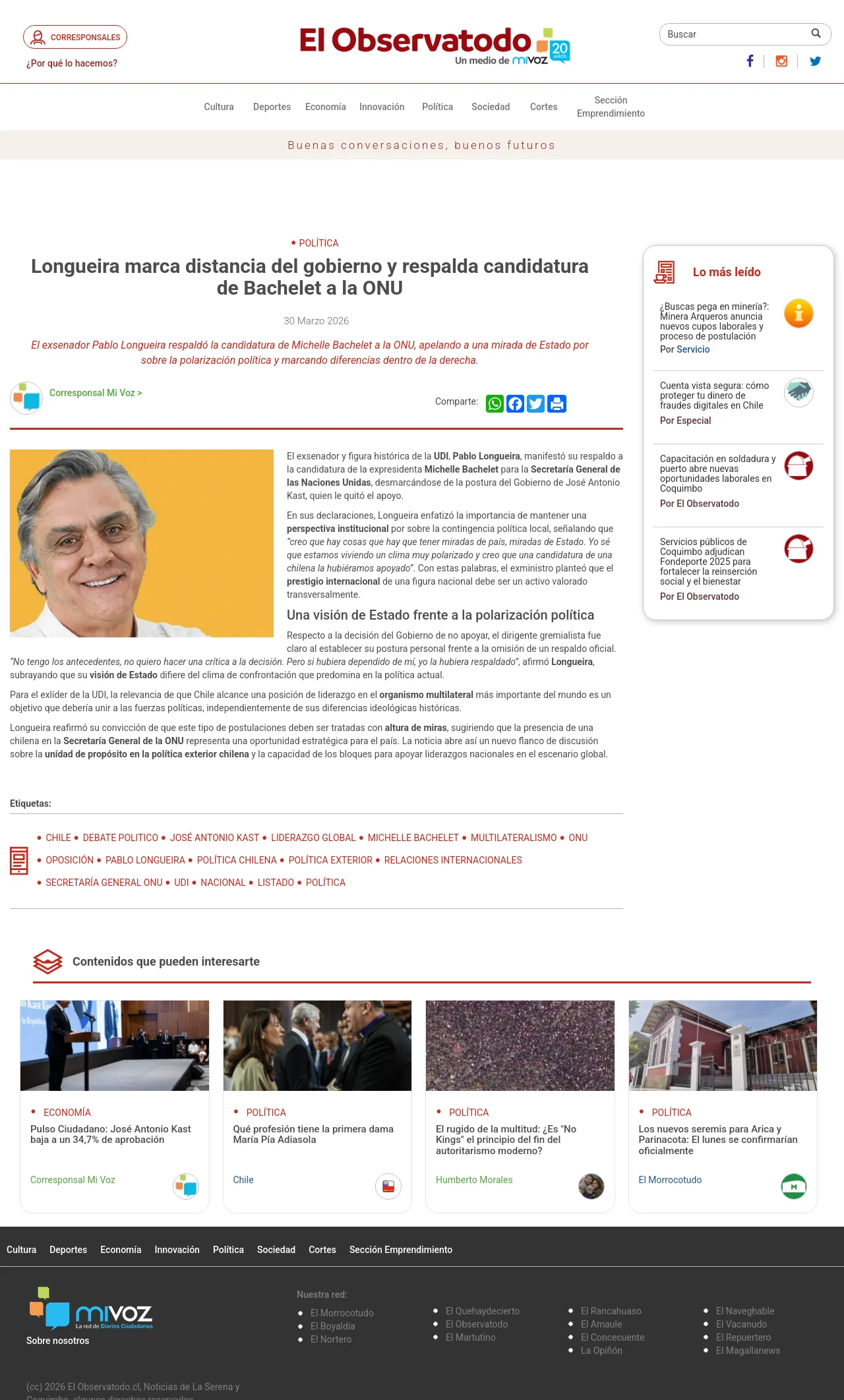 Longueira marca distancia del gobierno y respalda candidatura de Bachelet a la ONU