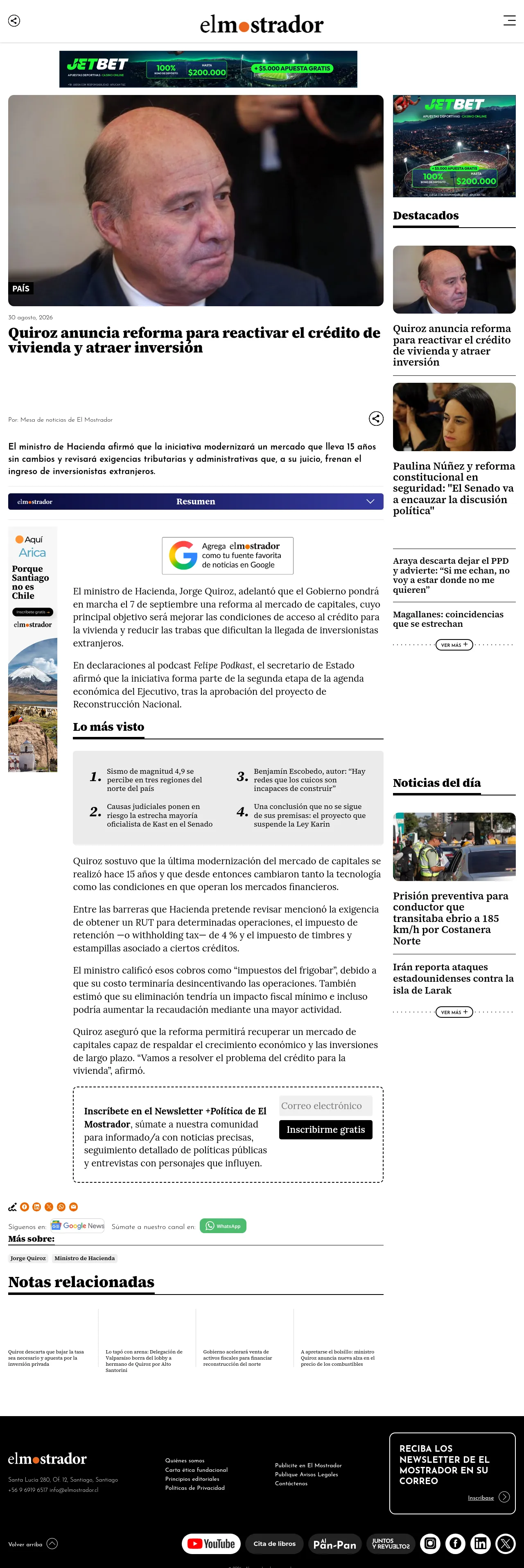 Quiroz anuncia reforma para reactivar el crédito de vivienda y atraer inversión
