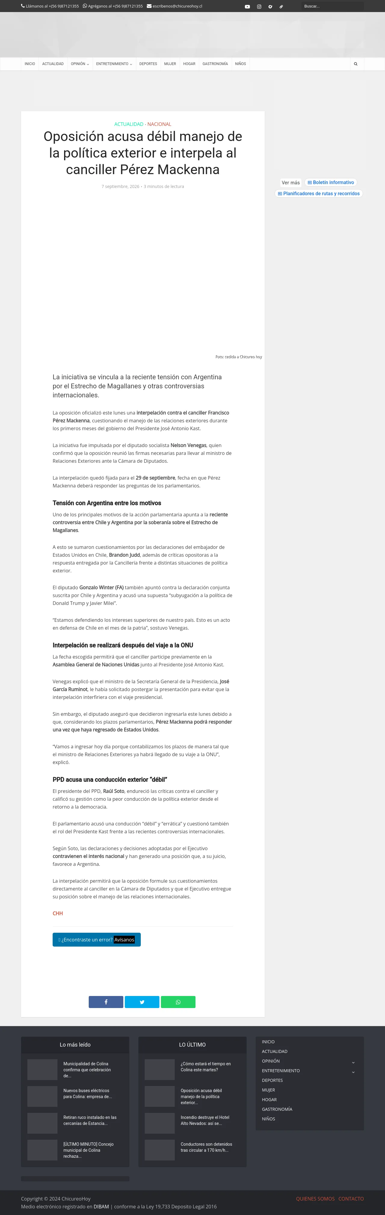 Oposición acusa débil manejo de la política exterior e interpela al canciller Pérez Mackenna