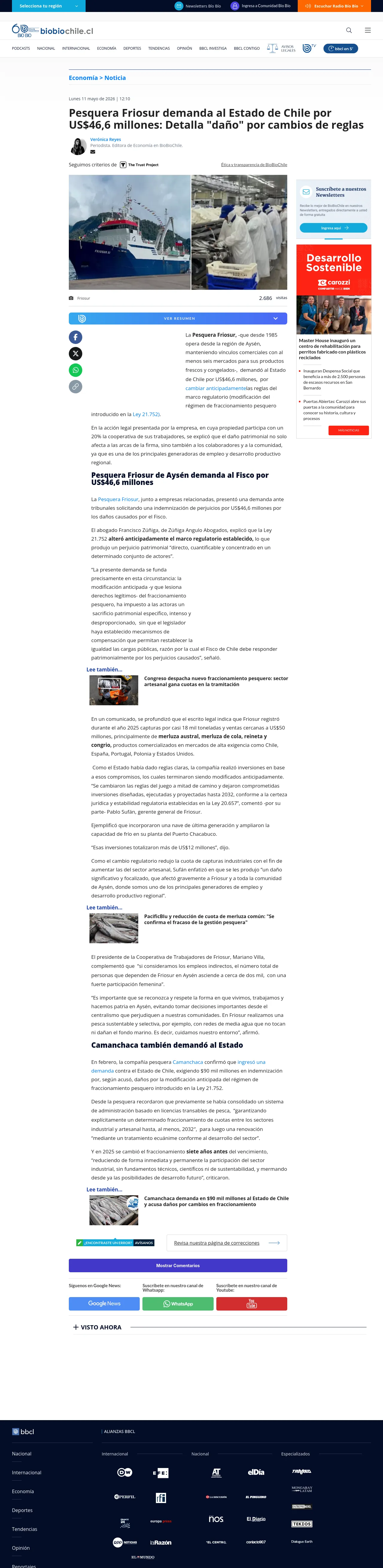 Pesquera Friosur demanda al Estado de Chile por US$46,6 millones: Detalla "daño" por cambios de reglas