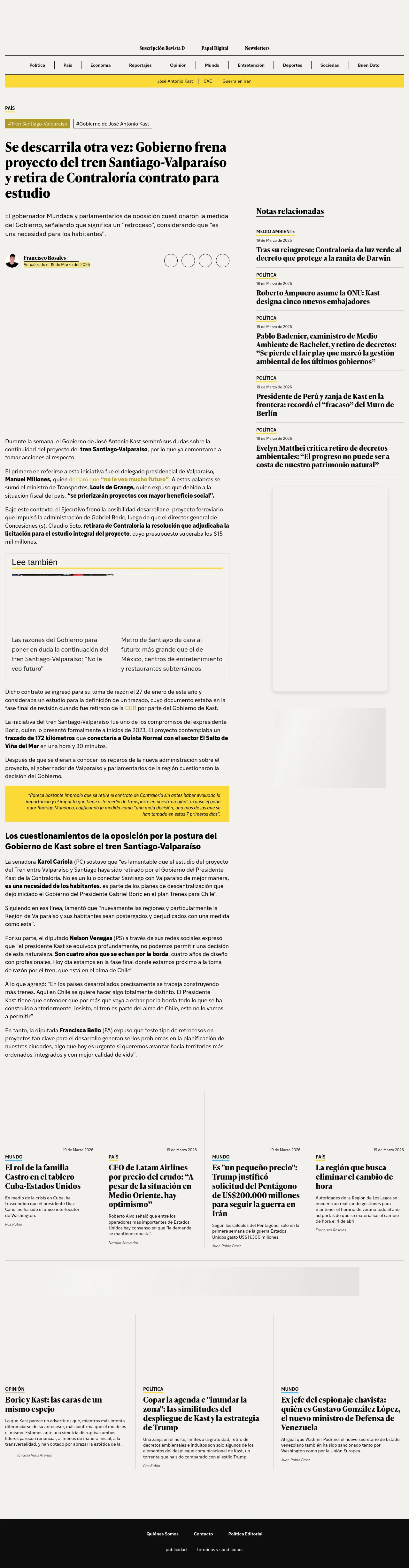Se descarrila otra vez: Gobierno frena proyecto del tren Santiago-Valparaíso y retira de Contraloría contrato para estudio