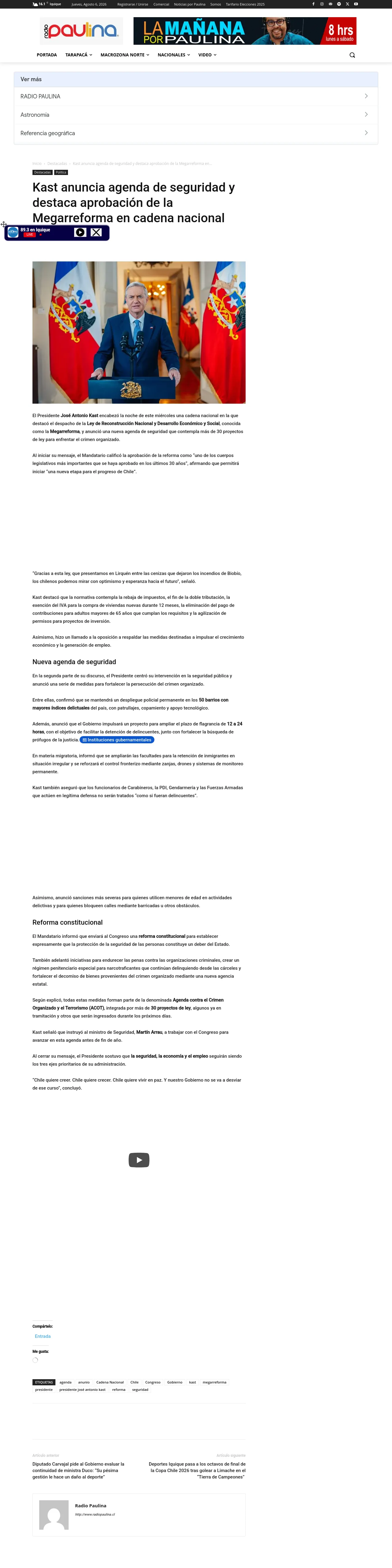 Kast anuncia agenda de seguridad y destaca aprobación de la Megarreforma en cadena nacional