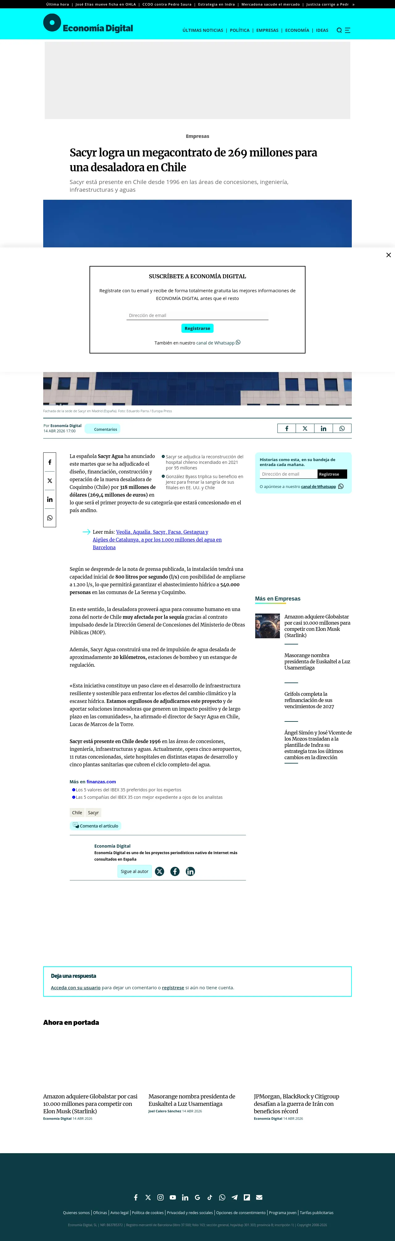 Sacyr logra un megacontrato de 269 millones para una desaladora en Chile
