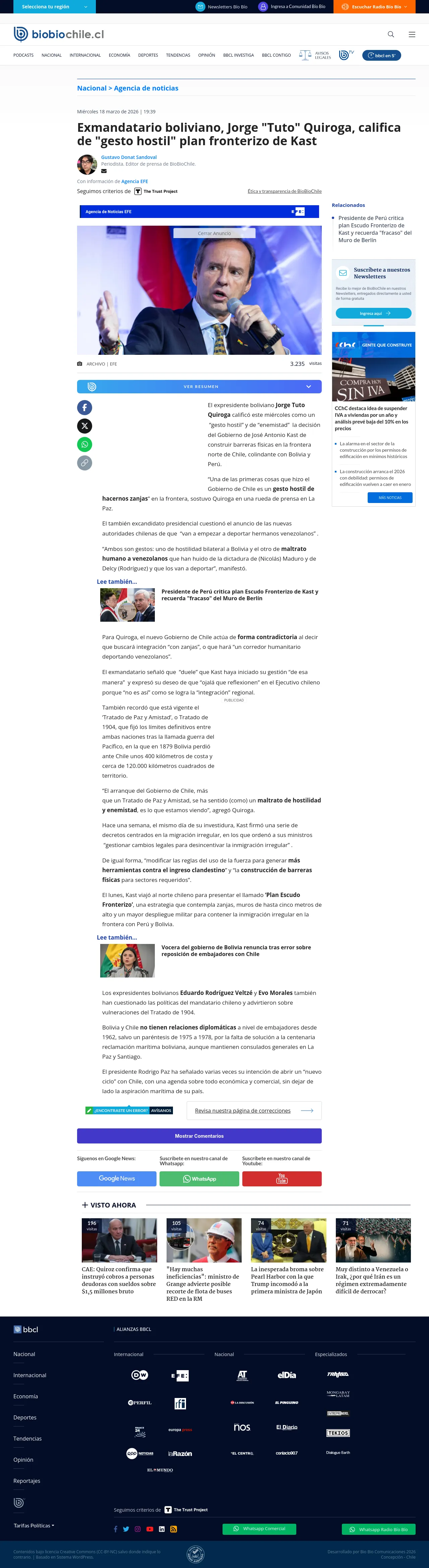 Exmandatario boliviano, Jorge "Tuto" Quiroga, califica de "gesto hostil" plan fronterizo de Kast