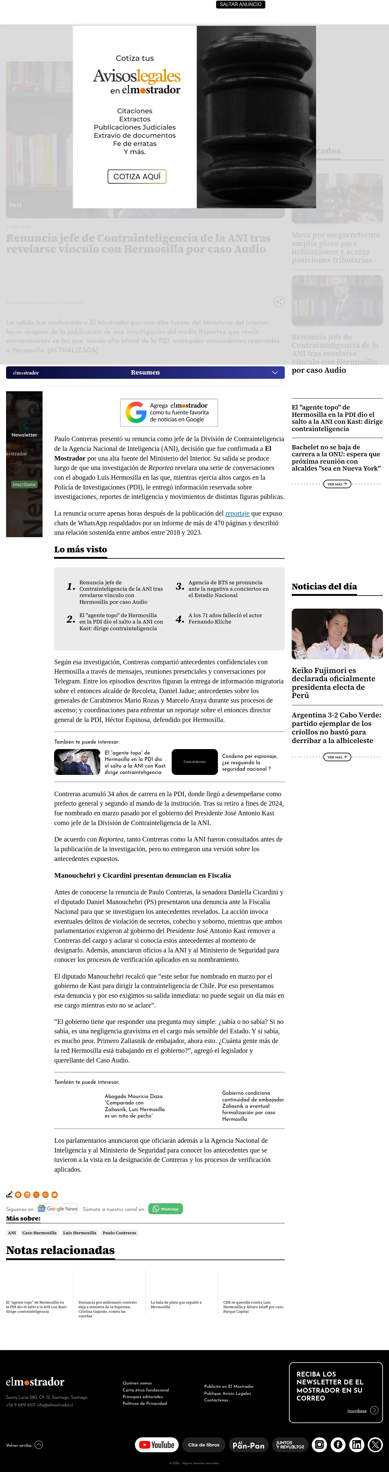 Renuncia jefe de Contrainteligencia de la ANI tras revelarse vínculo con Hermosilla por caso Audio