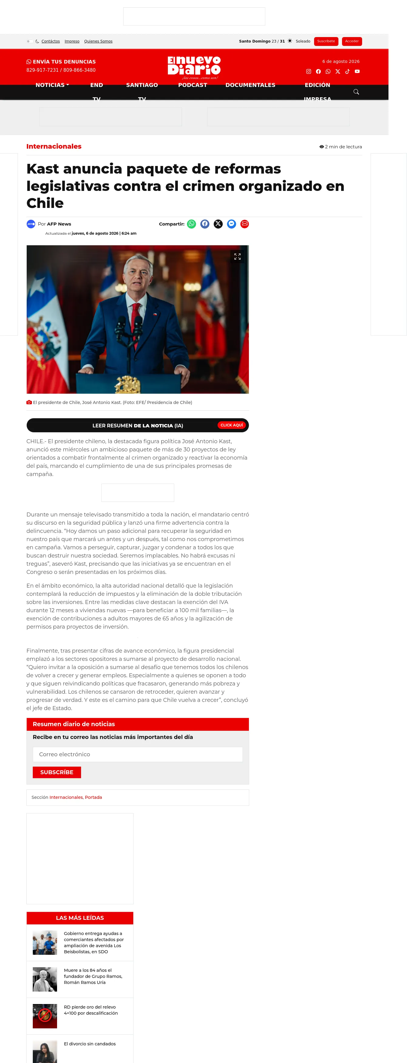 Kast anuncia paquete de reformas legislativas contra el crimen organizado en Chile