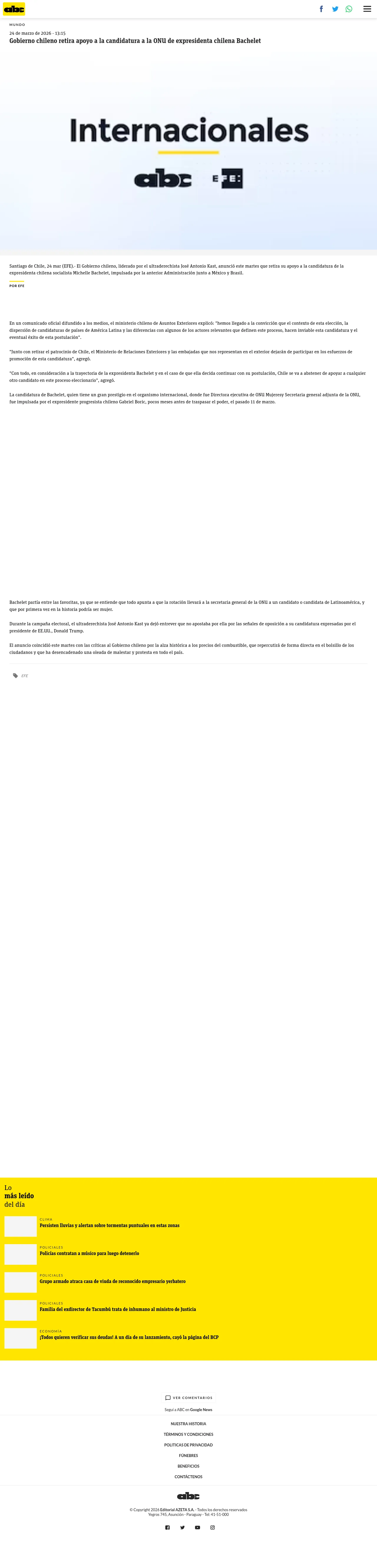 Gobierno chileno retira apoyo a la candidatura a la ONU de expresidenta chilena Bachelet