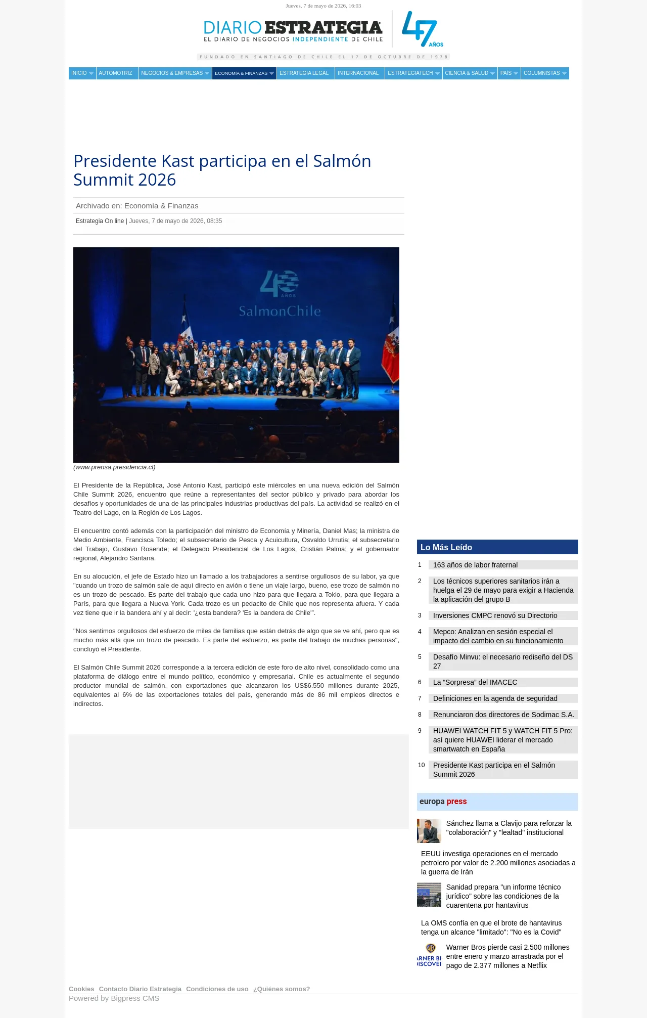 Presidente Kast participa en el Salmón Summit 2026