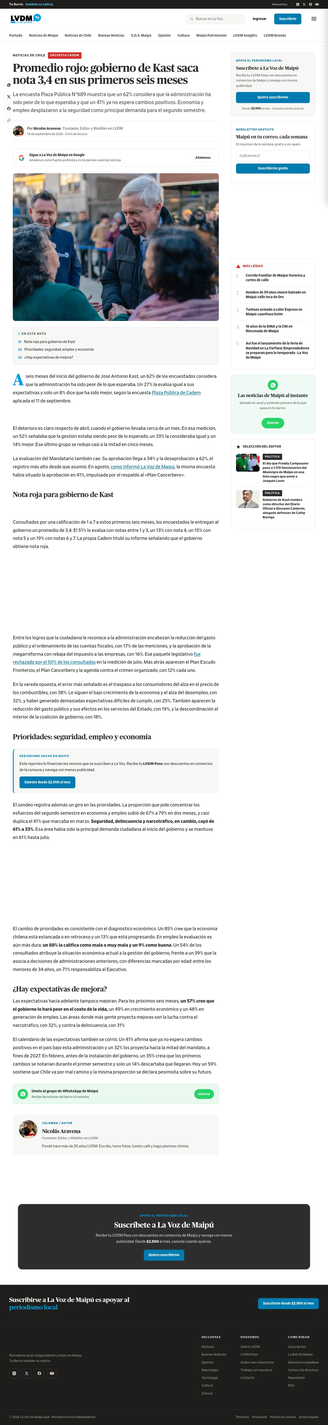 Cadem: gobierno de Kast promedia nota 3,4 a seis meses