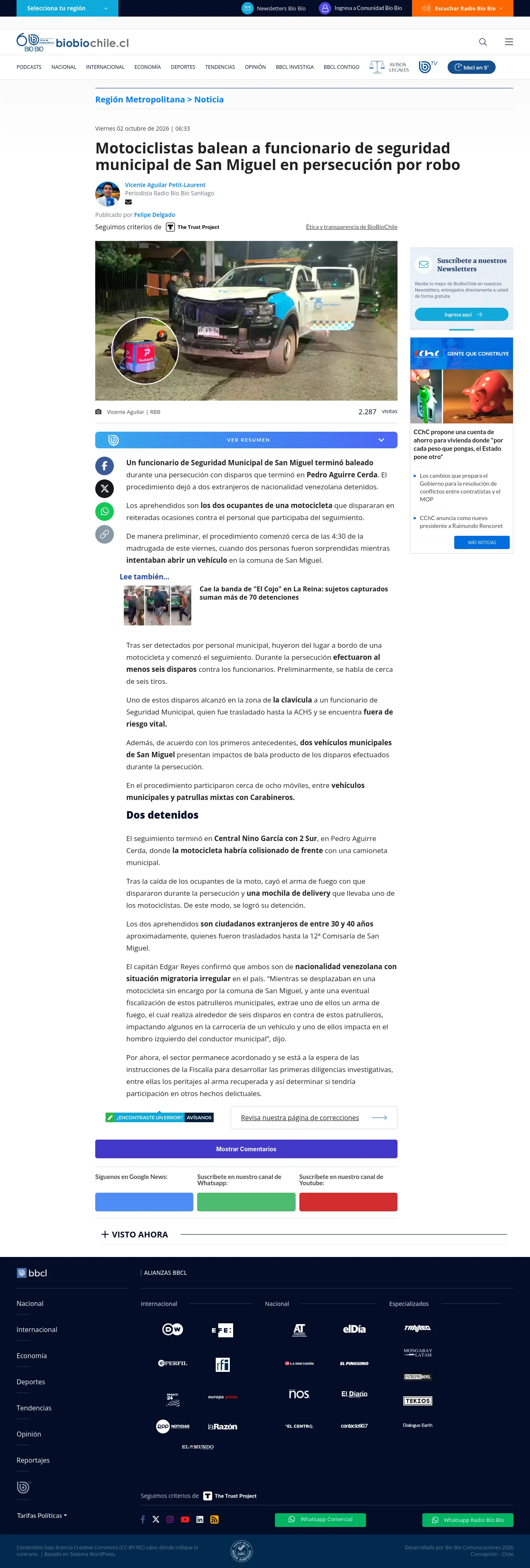 Motociclistas balean a funcionario de seguridad municipal de San Miguel en persecución por robo