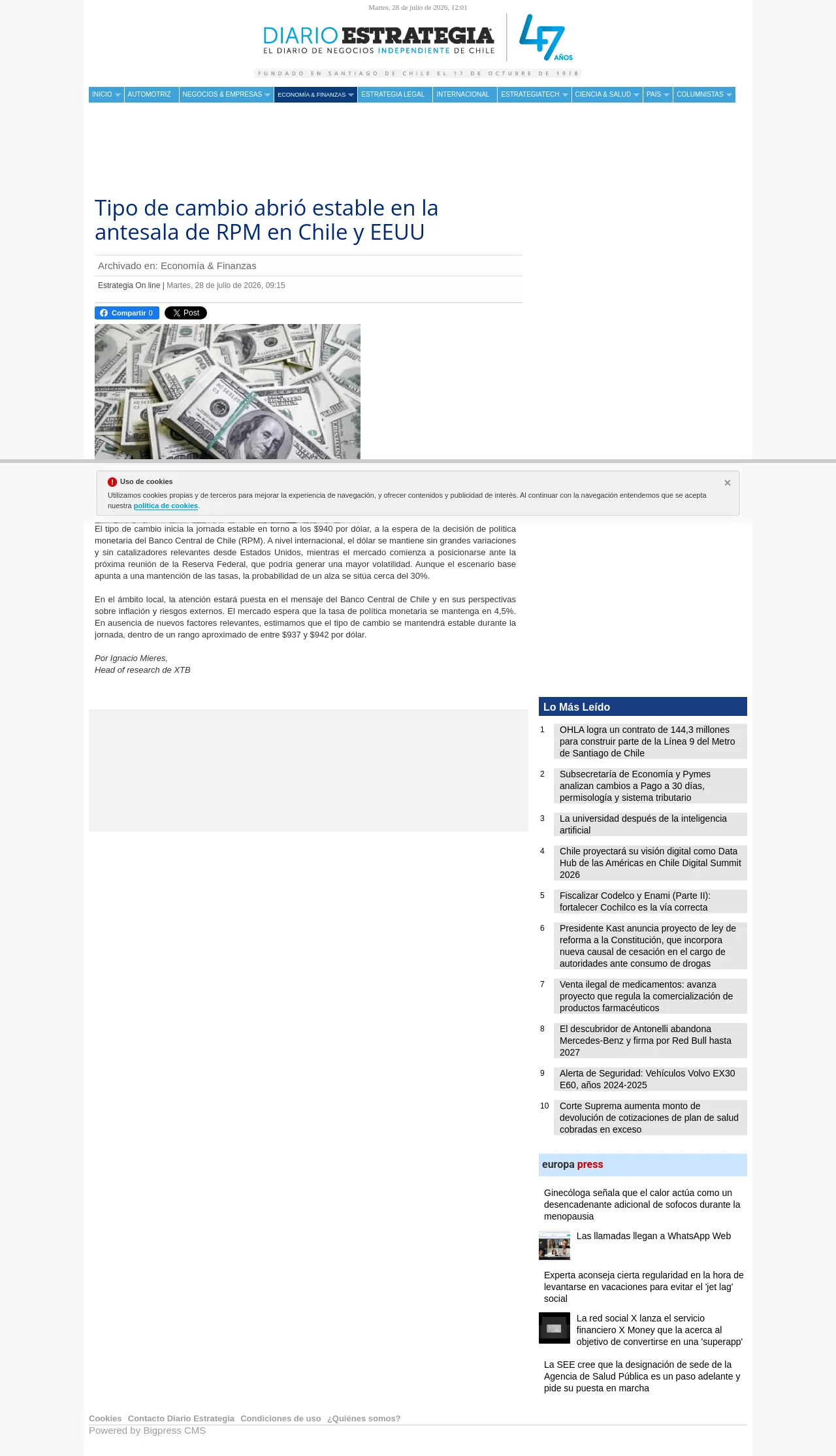 Tipo de cambio abrió estable en la antesala de RPM en Chile y EEUU