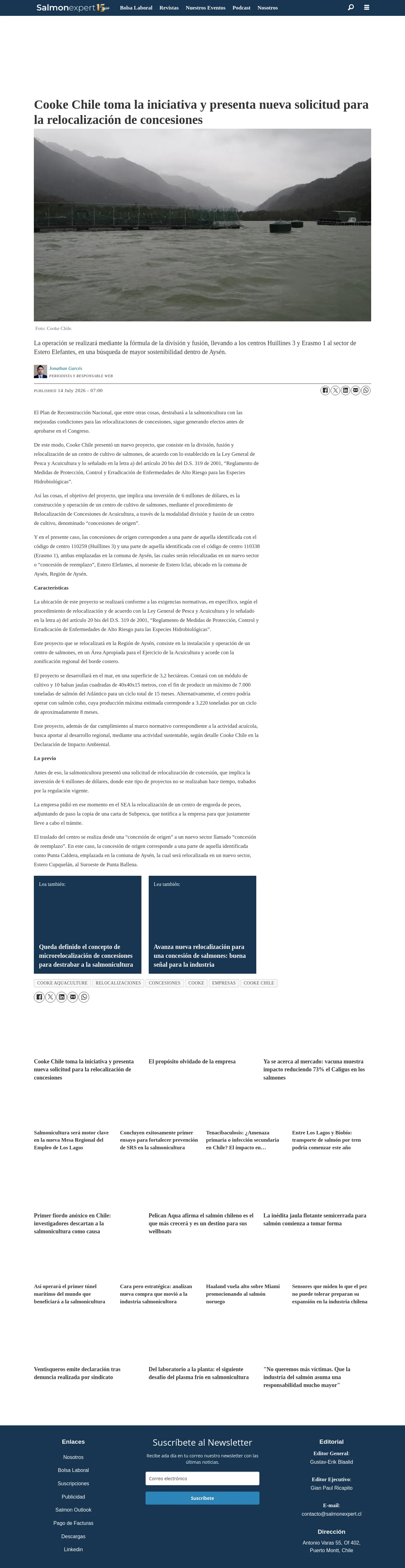 Cooke Chile toma la iniciativa y presenta nueva solicitud para la relocalización de concesiones
